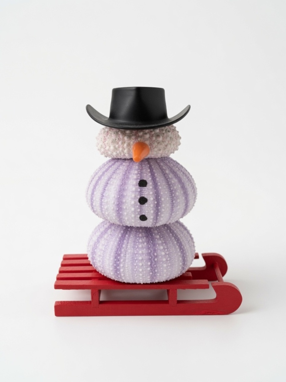 Lavender Sea Urchin Snowman Holiday Figurine with Black Hat